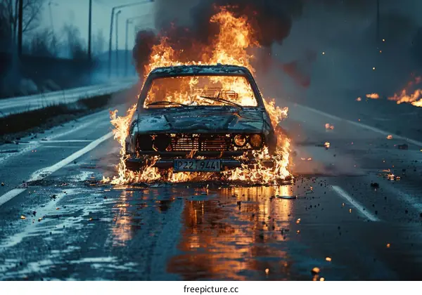 Car on fire at night with flames and smoke