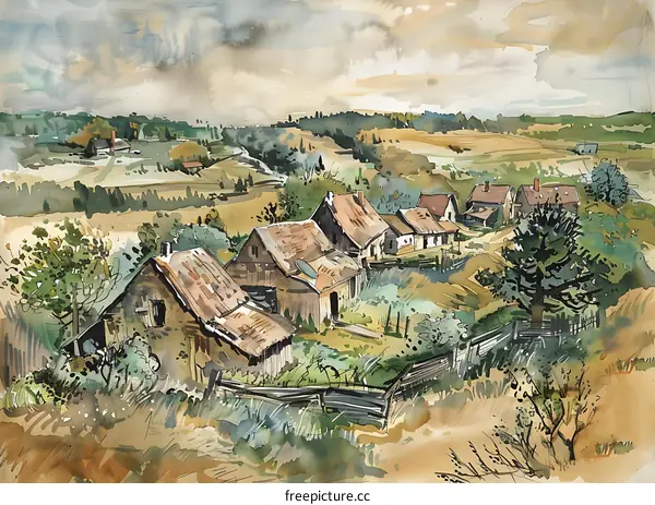 Watercolor Painting of a Rural Village