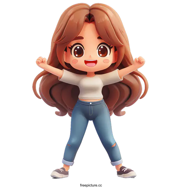 [Transparent Background PNG]Cute cartoon girl with long brown hair and blue eyes wearing a white shirt and jeans