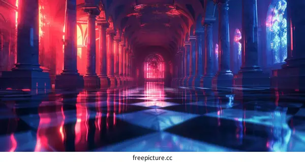 Neon Lit Sci-Fi Corridor: Vibrant Red and Blue