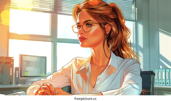 Businesswoman in a White Shirt Looking Out the Window