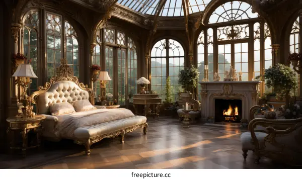 Opulent Bedroom with Fireplace and Grand Windows