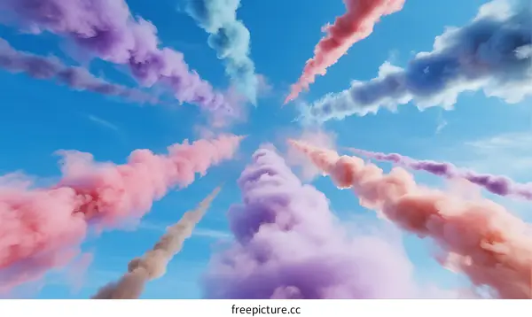 Colorful Smoke Trails Against Clear Blue Sky in Abstract Pattern