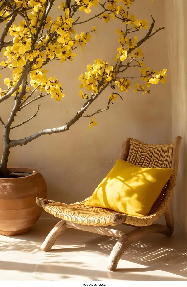 Yellow Pillow on Wicker Chair with Potted Tree in Corner of Room