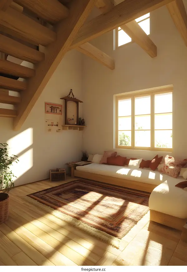 Modern Minimalist Living Room With Wooden Beams and Large Window
