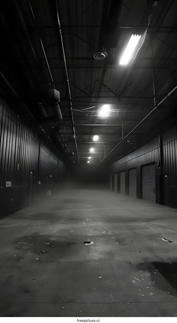 Dark Industrial Building Interior with Foggy Atmosphere