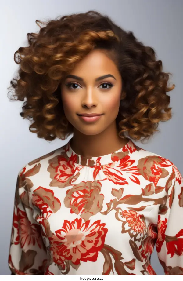 Smiling Young Woman with Curly Hair in a Floral Blouse