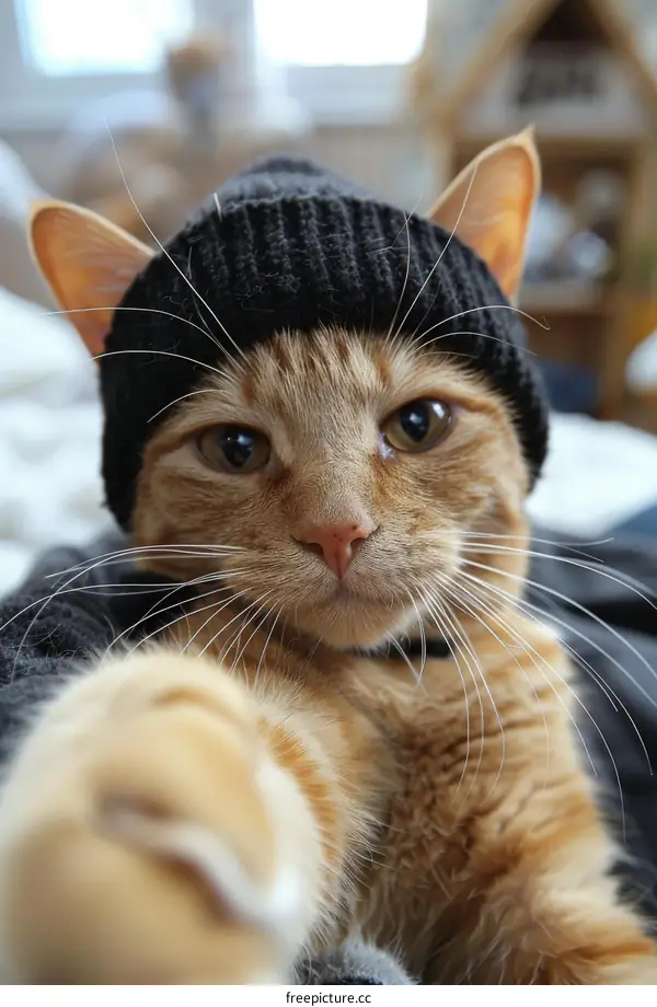 ginger cat wearing black beanie