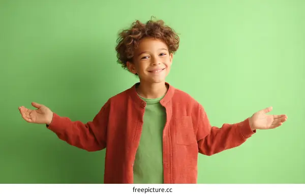 Smiling Boy Presenting Against a Green Background