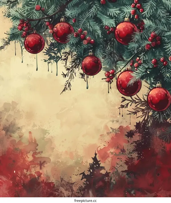 Watercolor Christmas Background with Red Ornaments