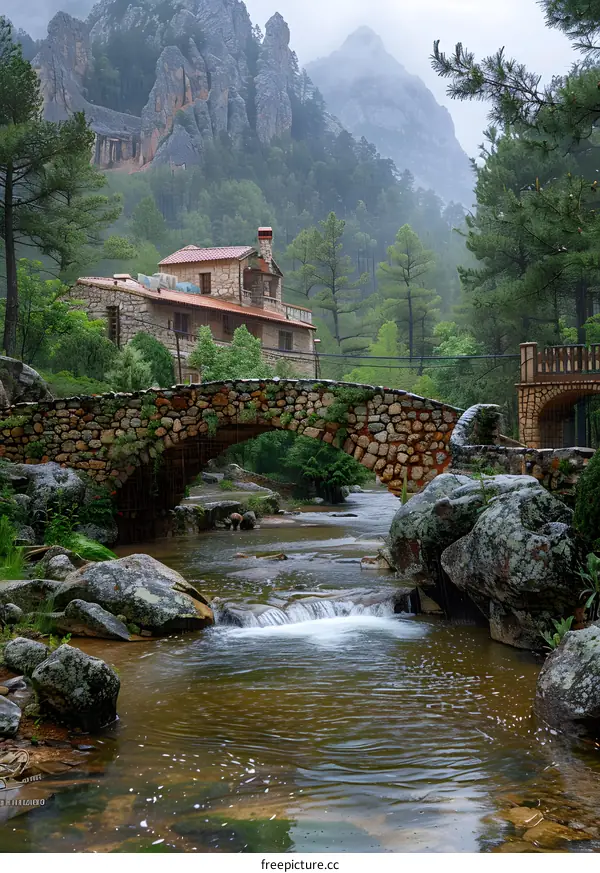 Stone Bridge Over River With Waterfall And House In Mountains