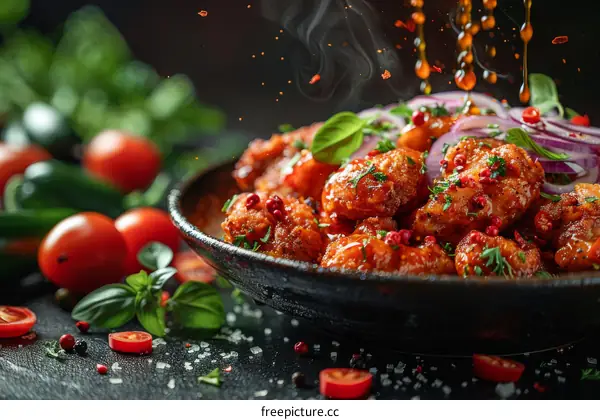 A plate of delicious looking fried chicken with a spicy sauce being poured over it