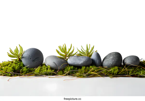 [Transparent Background PNG]Smooth Gray Stones and Green Succulents on Moss Bed
