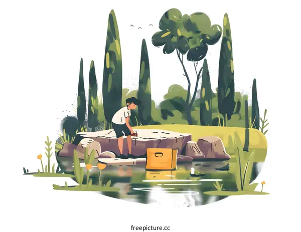 Man Putting Box In Water By Rock And Trees Illustration