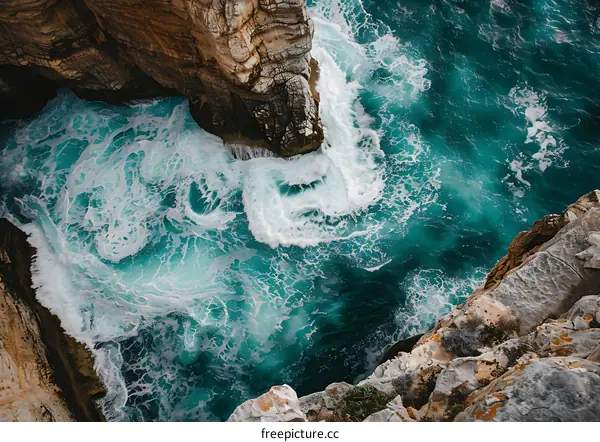 Aerial View of Waves Crashing Against Cliffs