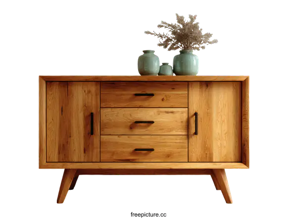 [Transparent Background PNG]Modern Wooden Cabinet with Decorative Vases