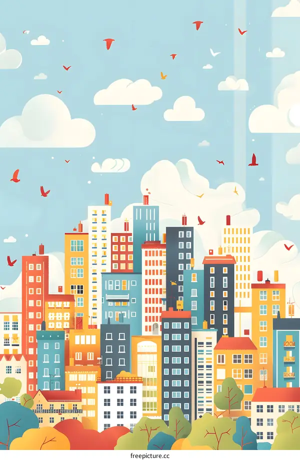 Colorful Cityscape Illustration with Birds and Clouds