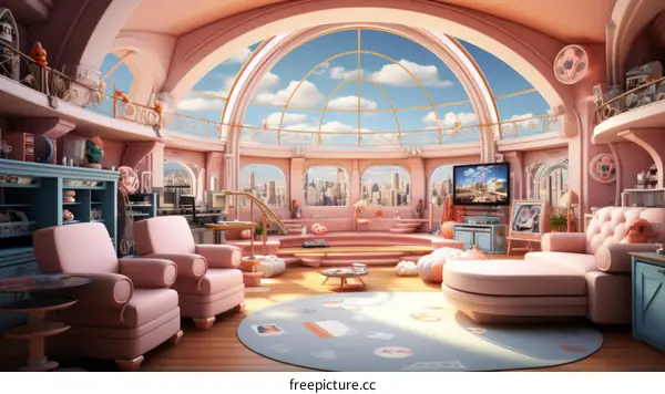 Pink Living Room with Expansive City Views