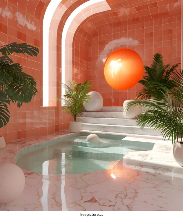 Minimalist Orange and White Interior Design With Pool