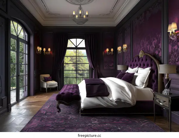 Elegant Purple Bedroom with Bay Window and Chandelier