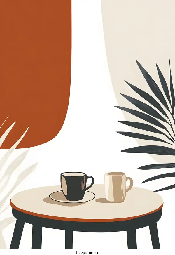 Abstract Art Illustration with Coffee Cups and Leaves