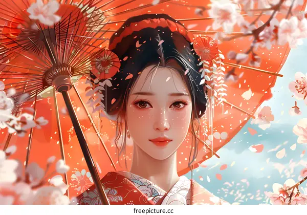 A beautiful Japanese woman in a kimono holding a red umbrella under a cherry blossom tree