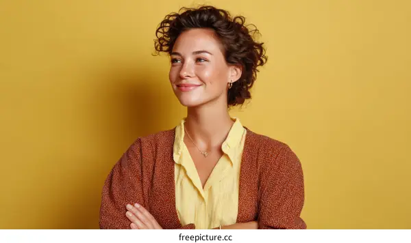 Confident Woman Posing Against Vivid Yellow Background