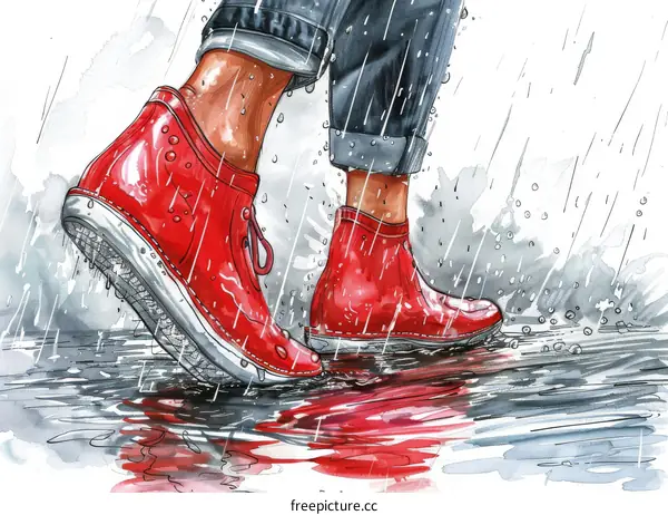 A person wearing red boots walking in the rain