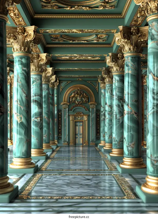 Ornate Hallway with Green Marble Columns and Gold Decor
