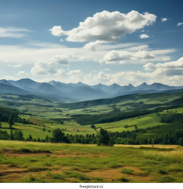 idyllic mountain landscape with green hills and blue sky