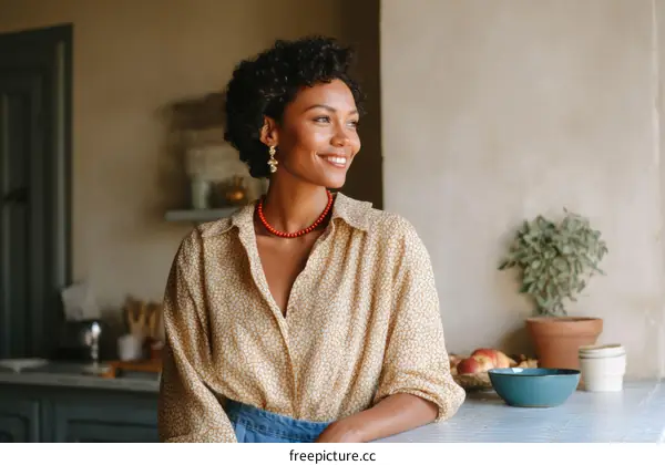 Smiling Woman in a Kitchen Setting
