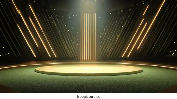 Modern Empty Stage with Gold Lighting and Green Carpet