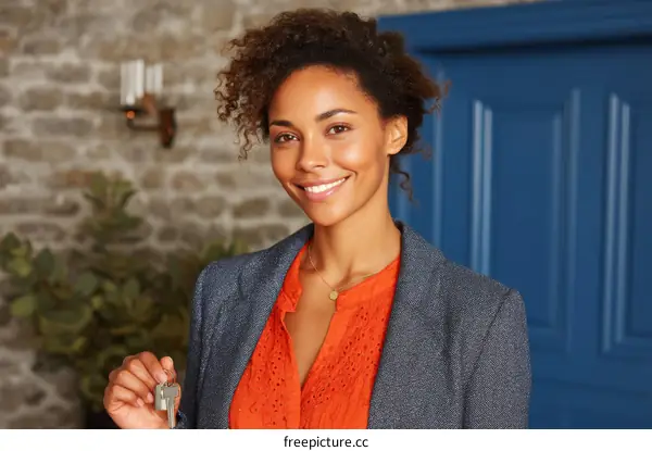African American Woman Holding House Keys in Stylish Outfit