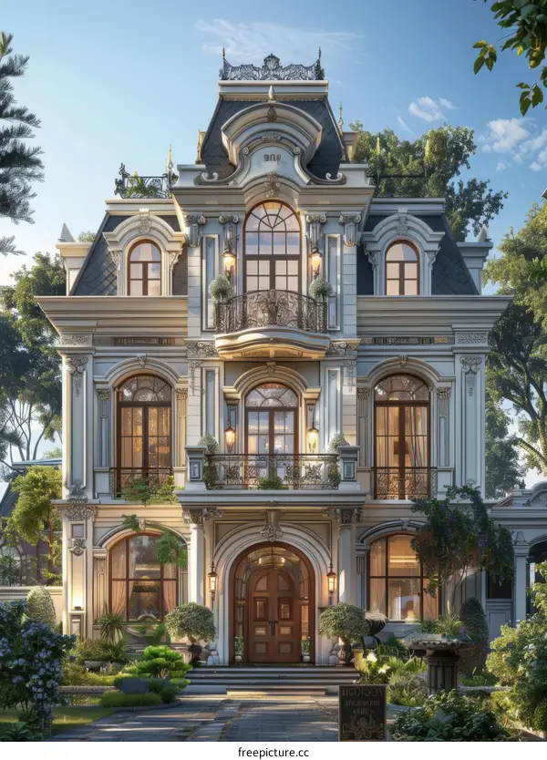 European-style three-story villa with white exterior walls and many windows