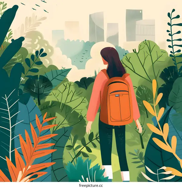 Woman with Backpack Walking Through Forest Towards City