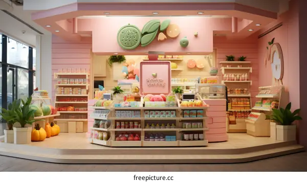 An illustration of a grocery store with pink walls and green accents