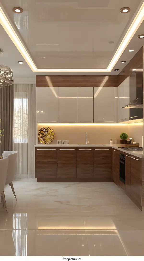 Modern Kitchen Interior Design With Brown Cabinets And White Countertops