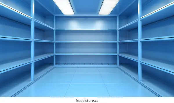 Empty Blue Metal Shelving Unit in Warehouse Storage Room