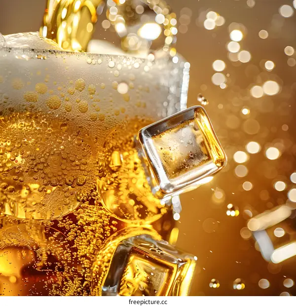 Close Up of Ice Cubes in a Glass of Beer