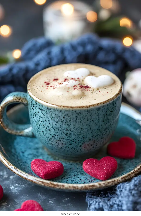 Blue Cup with Latte and Red Heart Shaped Candies