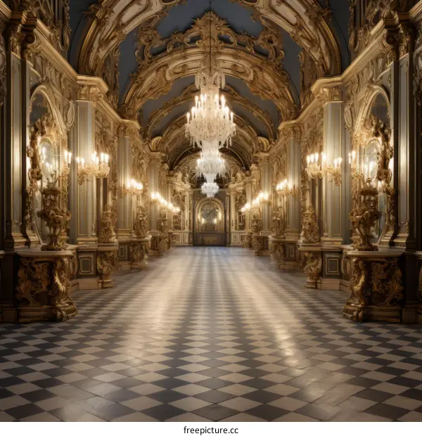 ornate hallway with checkered floor and crystal chandeliers