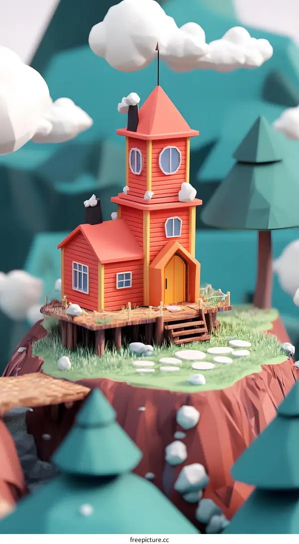 Low Poly Cartoon House With Forest Background