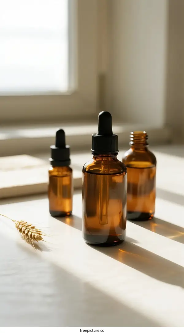 Three amber glass dropper bottles with wheat on wooden table