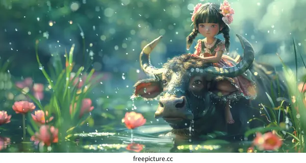 A Girl and Her Water Buffalo Friend in a Lotus Pond