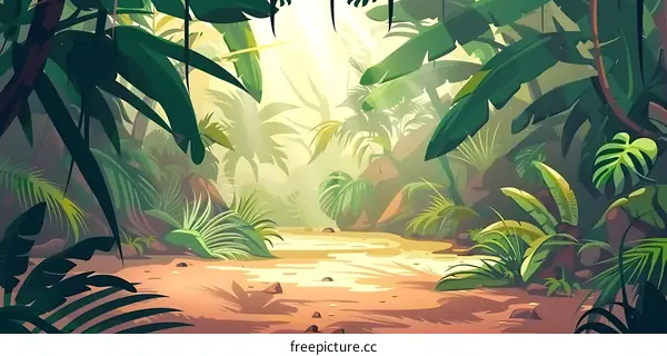 Tropical Rainforest Landscape with Lush Foliage and Sunlight