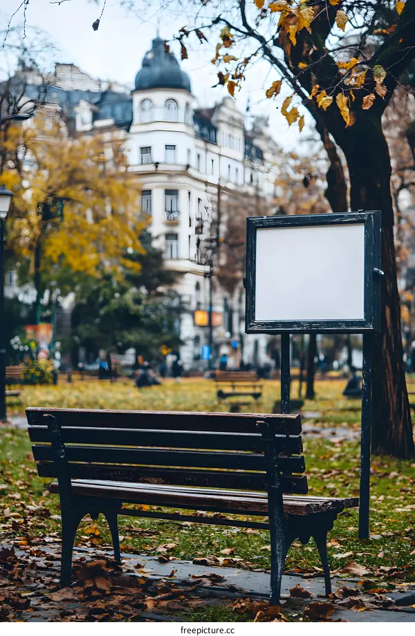 Empty Bench in a Park with a Blank Sign