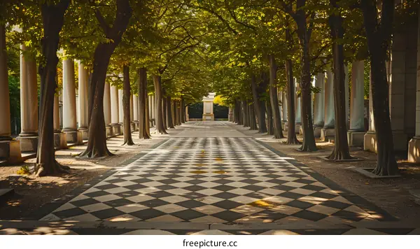 Checkerboard Pathway Lined With Trees and Pillars