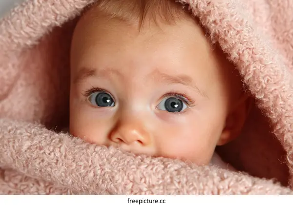 Close Up Baby Eyes Covered in Soft Pink Blanket