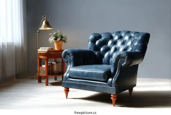 Classic Dark Blue Leather Armchair in a Living Room Setting