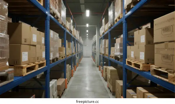 Large warehouse with neatly arranged shelves filled with boxes